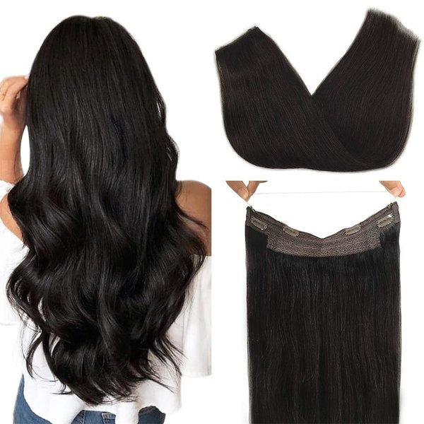 GOO GOO Wire Hair Extensions Human Hair, 1B Natural black Natural 16inch 95g, Invisible Wire Hair Extensions with Transparent, Seamless Fish Line Hairpiece