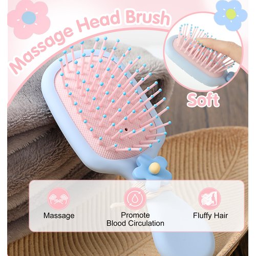 Heasy Kids Hair Brush, 2Pcs Toddler Hair Brush Cute Travel Mini Detangler Brush for Wet Dry All Hair Types Small Hair Brush for Kids Boys and Girls and 2 Hair Ties