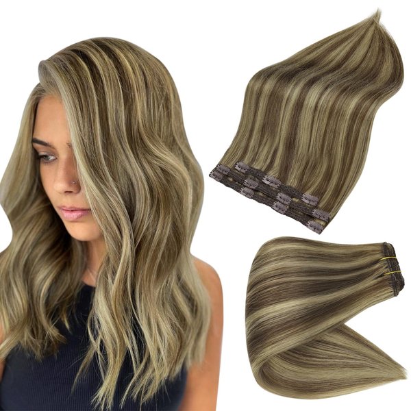 Full Shine Short Clip in Hair Extensions Human Hair Full Head Medium Brown With Blonde Highlights Hair Clip Extensions 12 Inch Lacer Double Weft Straight Hair Clip ins 3Pcs 60Grams