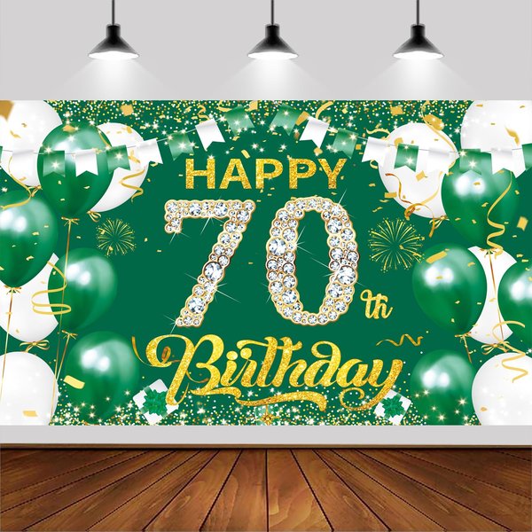 6x3.6FT Green Gold 70th Happy Birthday Backdrop,Green Gold Happy Birthday Photography Background Banner for Birthday Party Backdrop for Men Women Birthday Party Supplies Decoration.