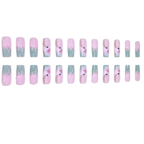 Press on Nail Square Medium Artificial Acrylic Nails Marble Pattern False Nails Gradient Flower Design French Fake Nails Full Cover Glossy Reusable Coffin Nails Glue on Nails for Women 24Pcs