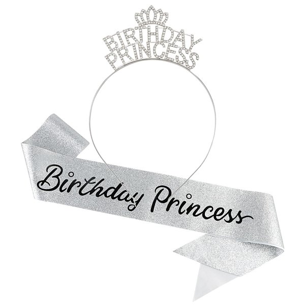 Ondder Birthday Sash and Tiara for Women Birthday Princess Tiara Crown Headband for Girls with Glitter Sash- Silver