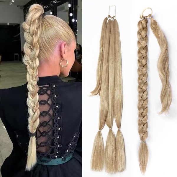 EMMOR Long Braided Ponytail Extension with Hair Straight Wrap Around Ponytail Hair Extensions with Hair Tie Soft healthy Synthetic Hair Piece for Women girls Daily(33 inch Mixed Blonde）