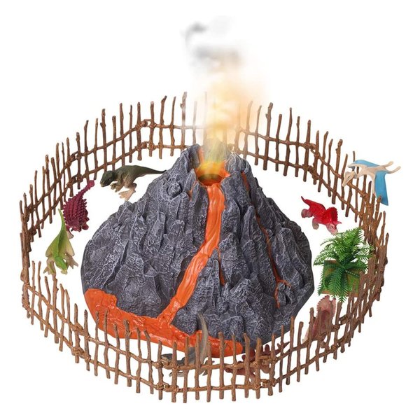 Dazmers | Volcano and Dinosaurs Playset - Includes 8 Jurassic Dinosaur Figures and Fence Mist-spouting Volcano World Set - Electric Volcano & Dinosaur Toys for Kids - Mini Gift for Toddlers Ages 3+