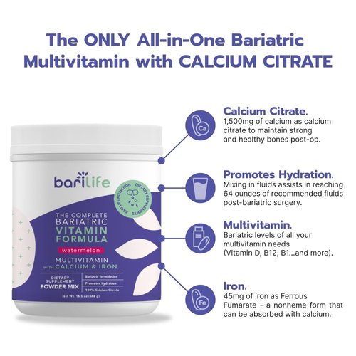 Bari Life Complete Bariatric Multivitamin with Iron - Dietary Supplement Powder Mix, Calcium Citrate, Multivitamin, Iron - Bariatric Vitamins for Gastric Sleeve Patients (Watermelon, 60 Servings)