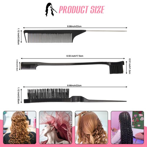 WOWANGEL 4PCS Hair Styling Brush Set, Teasing Hair Brush, Rat Tail Comb, Dual Edge Brush, Elastic Band for Edge and Back Brushing, Combing, and Slicking Black