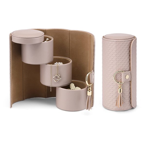 Vlando Travel Jewelry Roll Box Organizer, Leather 3-Section Jewelry Storage Sorter Holder for Necklaces Earrings Rings Brackets, Perfect Companion in the Trip, Gray/Khaki