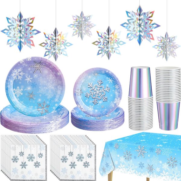 Uiifan 87 Pcs Winter Birthday Party Supplies Tableware Set Snowflake Plates Cups Napkins Tablecloth 3D Snowflake Hanging for Baby Shower Birthday