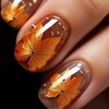 Tyuimhx Fall Maple Leaf Press on Nails Short Square Fake Nails With Chrome Designs Thanksgiving False Nails Full Cover Stick on Nails Acrylic Autumn Maple Leaves Artificial Nails for Women 24 Pcs