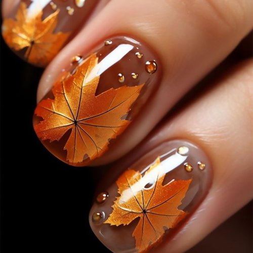 Tyuimhx Fall Maple Leaf Press on Nails Short Square Fake Nails With Chrome Designs Thanksgiving False Nails Full Cover Stick on Nails Acrylic Autumn Maple Leaves Artificial Nails for Women 24 Pcs