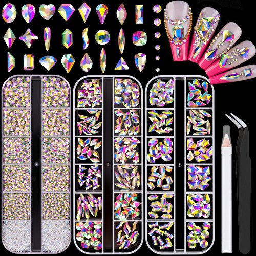 2750Pcs AB Glass Nail Rhinestones 240Pcs Multi Shapes Flatback Gems Crystal + 2510Pcs 1.5-4mm Round Beads, Manicure Diomand Jewelry Gemstones for Nail Design Makeup Acrylic Nails Decoration