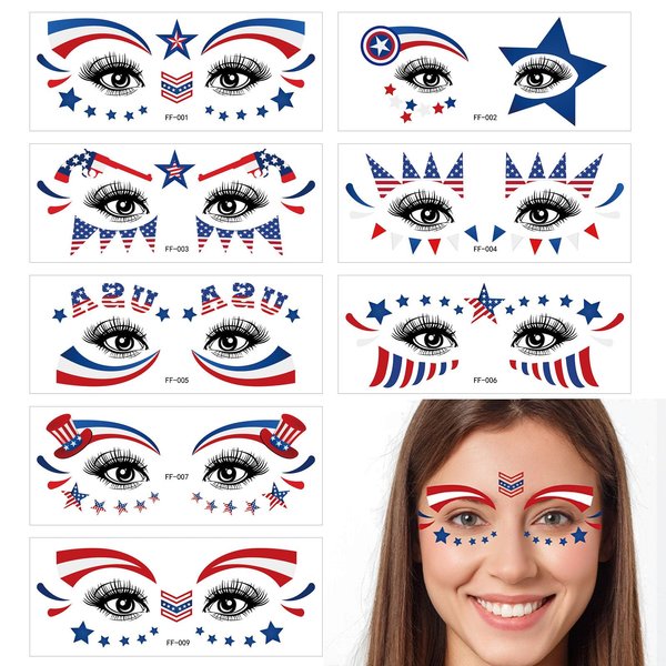 10 Sheets 4th of July Temporary Tattoo Stickers Independence Day Face Tattoo Makeup Tattoo Stickers Red Blue USA Flag Star Hat Heart Patriotic Party Fake Tattoos for Women Kids Face Sticker Supplies