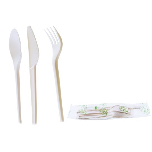 (25 Pack) Compostable Cutlery Kit Eco Friendly Fork, Spoon, Knife, Napkin 6.5 inch - CPLA Heat Resistant Disposable Utensil Kit Durable Cornstarch Bio Based Biodegradable Plastic Cutlery