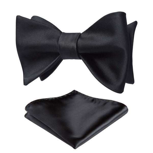HISDERN Bow Ties for Men Solid Black Self Tie Bow Tie & Pocket Square Set Classic Formal Satin Bow ties for Tuxedo Wedding Party