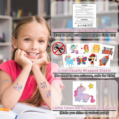 Partywind 408 Glitter Styles Kids Temporary Tattoos for Boys Girls, Individually Wrapped Tattoo Stickers for Kids Party Goodie Bag Stuffers, Birthday Party Supplies Favors for Children Games