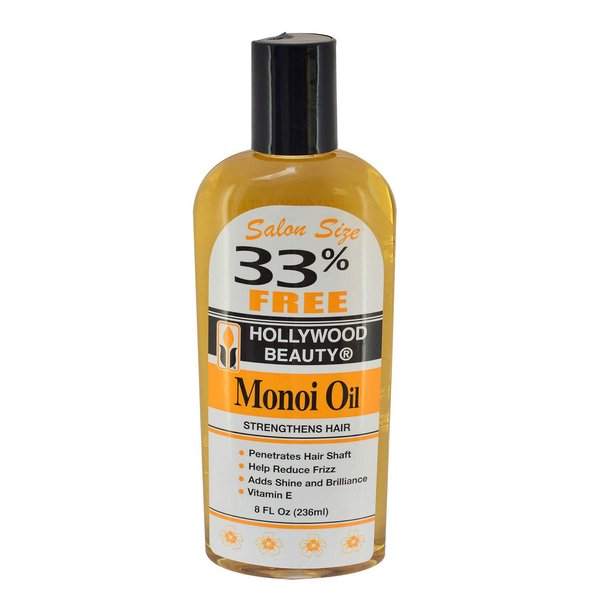Hollywood Beauty Monoi Hair Oil, 8oz Bottle, Light Non-Greasy, Strengthens Hair and Skin, Reduces Frizz, Vitamin E, Adds Shine and Brilliance, Soothes scalp
