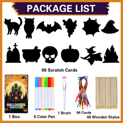 Max Fun Halloween Craft Scratch Paper Art for Kids Party Games Ornaments 96PCS Magic Rainbow Scratch Off Cards Paper Hanging Educational Toys Kit Halloween Party Supplies Birthday Gift