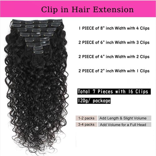 Water Wave Clip in Human Hair Extensions 30 Inch Natural Curly Wave Brazilian Human Hair Seamless Clip Ins Extensions for Black Women Thick End Double Weft 120g