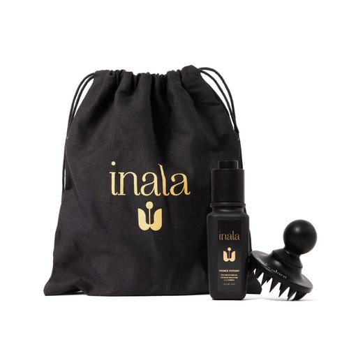 Inala Black Bag Bundle Power Potion & Crown Polisher - Rice Water Complex Serum and Fillable Scalp Massager - Serum for Scalp and Shampoo Scrub to Stimulate Hair growth - Suitable for All Hair Types
