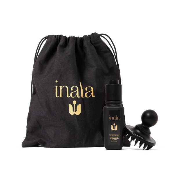 Inala Black Bag Bundle Power Potion & Crown Polisher - Rice Water Complex Serum and Fillable Scalp Massager - Serum for Scalp and Shampoo Scrub to Stimulate Hair growth - Suitable for All Hair Types