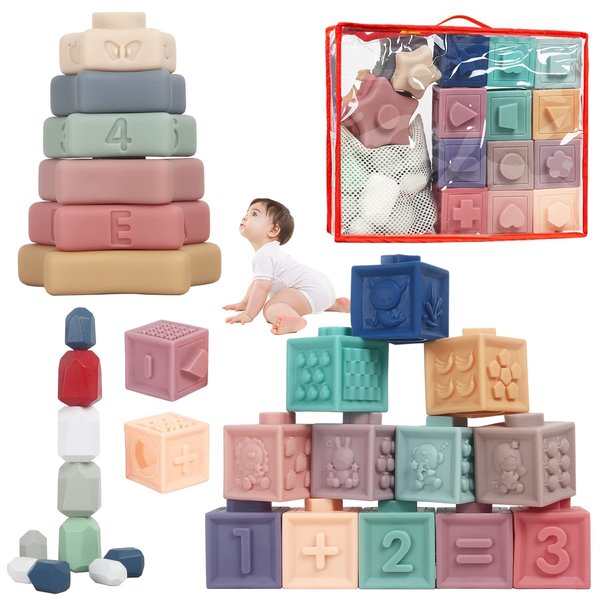 BENIMUS Montessori Toys Set Sensory Development Toy for Baby Toddler, Including Soft Building Blocks & Star Shape Stacking Ring & Wooden Sorting Stacking Rocks for Kids 6 Month+ Boys Girls