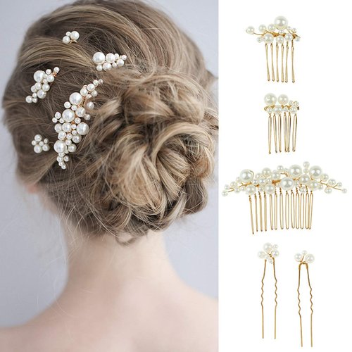 Bridal Pearls Hair Pins Hair Accessories for Brides with 3 PCS Hair Comb 2 PCS Hair Clips Hair Pieces for Women Wedding Engagement Anniversary