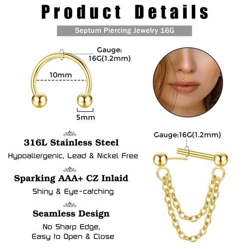 BESTEEL Septum Rings 16G Hypoallergenic Surgical Steel Hinged Septum Clicker Nose Rings Hoop for Women Men Cute CZ Dangle Horseshoe Hinged Septum Lip Helix Tragus Daith Cartilage Piercing Jewelry 10MM
