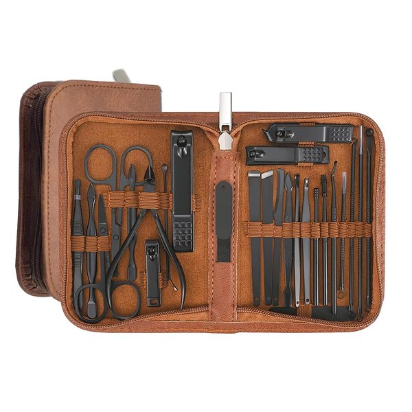 Professional Manicure Set - Stainless Steel Nail Clippers and Care Tools in Leather Travel Case - Portable Travel Nail Kit (26 Piece - Brown)