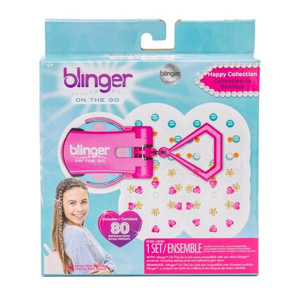 blinger On The Go Mini Starter Kit – Happy (Pink) | 80 Rhinestones | Hair Styling Tool | Hair-Safe – Bling in Brush Out