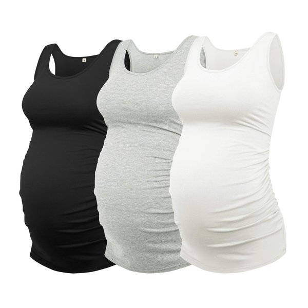 AMPOSH Women's Maternity Tank Top 3 Pack Ruched Side Sleeveless Pregnancy Basic Shirt(Black/Gray/White, M)