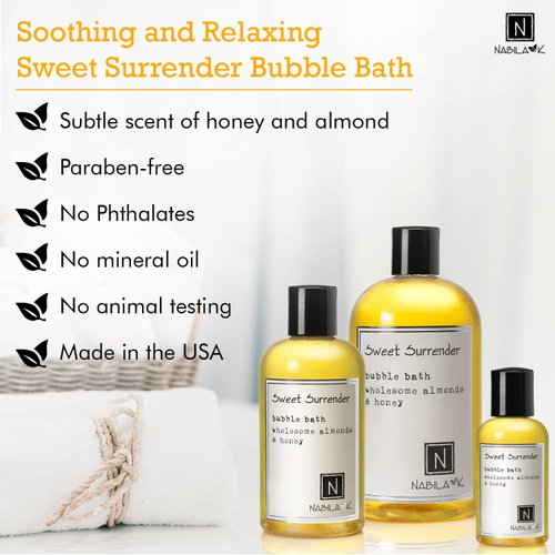Sweet Surrender Bubble Bath with Almond & Honey Scent by Nabila K - Essential Oils with Natural Ingredients for Sensitive Skin, Tear-Free, Gentle, Moisturizing - Luxury for Women & Men, 16 oz