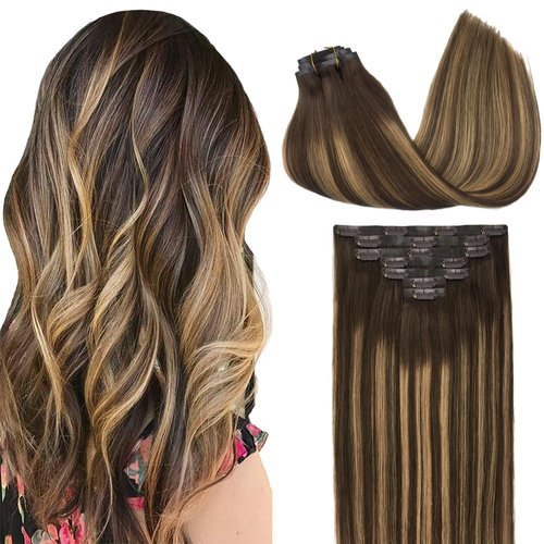 GOO GOO Clip in Hair Extensions Real Human Hair, Remy Human Hair Extensions Clip ins for Women, Natural Human Hair, 16inch 130g 7Pcs, 4/27/4 Balayage Chocolate Brown to Caramel Blonde