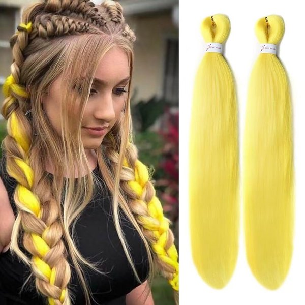 CANELIA Yellow Pre Stretched Braiding Hair 26 Inch 2 Packs Hot Water Setting Easy Braid Yaki Texture Braids Synthetic Hair Extensions for Box Braids Crochet Bradids Hair Extension (2 Packs,Yellow#)