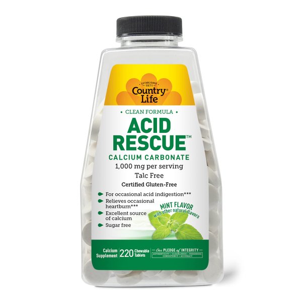 Country Life Acid Rescue Calcium Carbonate, Clean Formula, 1,000mg, Talc Free, 220 Chewable Mint Flavor Tablets, Sugar-Free, Certified Gluten Free, Certified Vegan, Non-GMO Verified