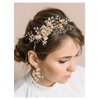 SWEETV Flower-Leaf Bridal Headband Gold Crystal Tiara for Women Pearl Wedding Headpieces for Bride Hair Accessories for Prom Birthday Party