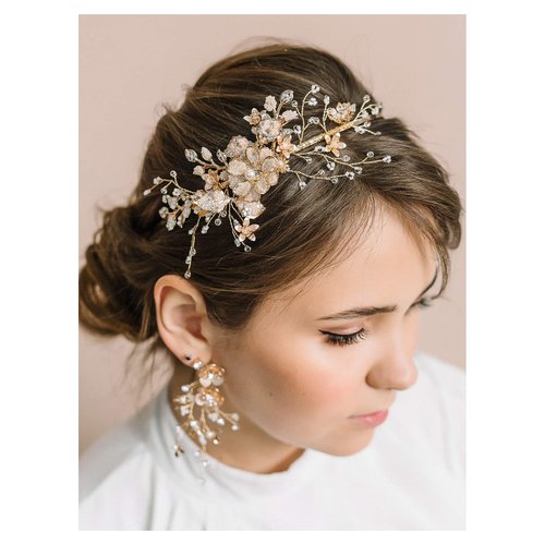 SWEETV Flower-Leaf Bridal Headband Gold Crystal Tiara for Women Pearl Wedding Headpieces for Bride Hair Accessories for Prom Birthday Party