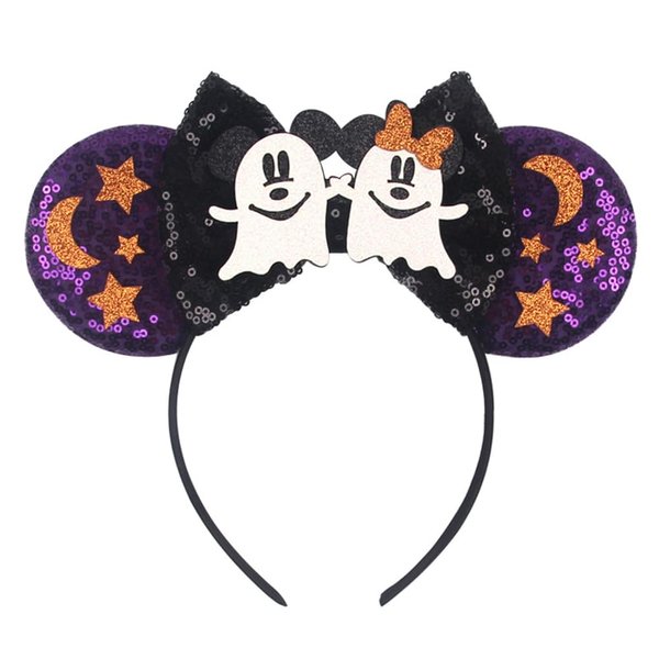 YOWOCAL Halloween Mouse Ear Headband for Women Girls, Purple Sequin Bow Cute Smiling Ghost Hair Hoop,Headwear Hair Headdress for Halloween Party Decorations Costume Gift