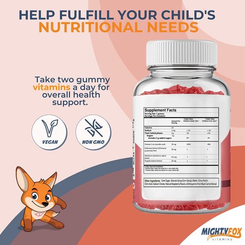 MIGHTY FOX VITAMINS Elderberry Gummies for Kids with Sambucus, Echinacea, Propolis and Vitamin C - 100% Vegan, Gluten Free, Non GMO, Raspberry Flavor - 100 Count (100 Count)