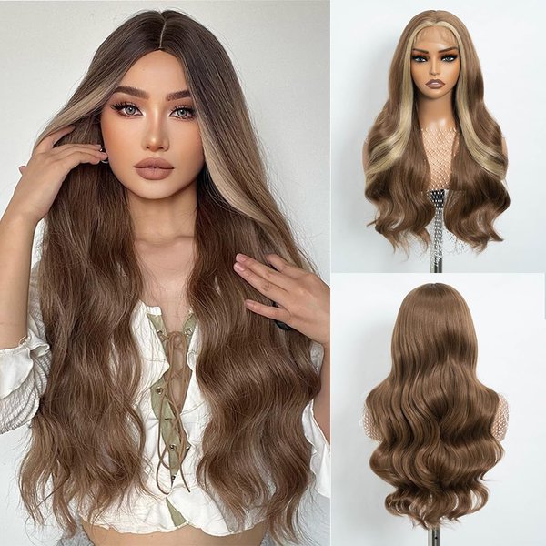 REBECCA STYLE Long Brown Wavy Wigs for Women 26 Inch Middle Part Curly Wavy Wig Natural Looking Long Wave Synthetic Lace Front Wigs Glueless Heat Resistant for Girls Daily Party