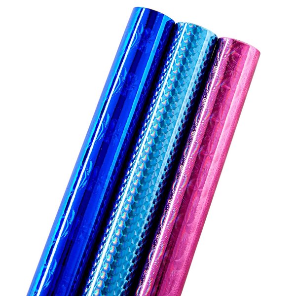 Juvale Holographic Wrapping Paper - Iridescent, Metallic Gift Wrap for Birthday, Christmas (3 Rolls, 3 Designs, 17x204 In Per Roll, 73.5 Sq Ft Total)