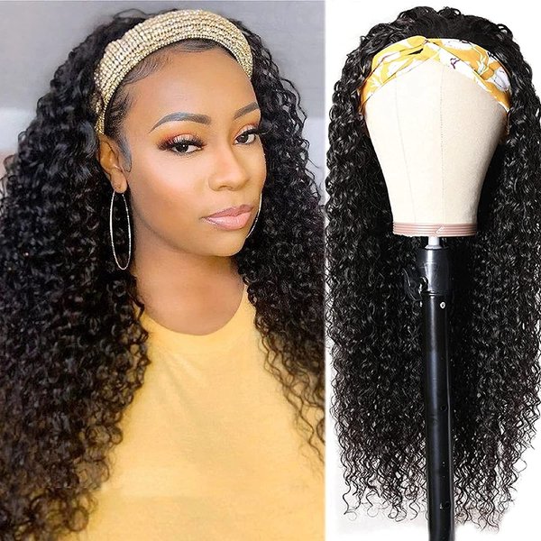 Deep Wave Headband Wigs Human Hair for Black Women 150% Density Brazilian Virgin Human Hair None Lace Front Wigs Machine Made Wigs Glueless Deep Curly Headband Human Hair Wig (26 Inch)
