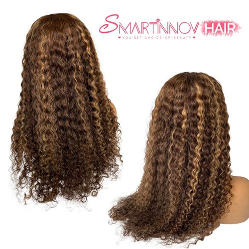 20inch Ombre Blonde Highlight Human Hair Wigs 13x4 HD Lace Front Wigs #4/27 Chocolate Brown Water Wave Brazilian Remy Hair Transparent Glueless Deep Curly Wigs Pre Plucked for Women 150% Density