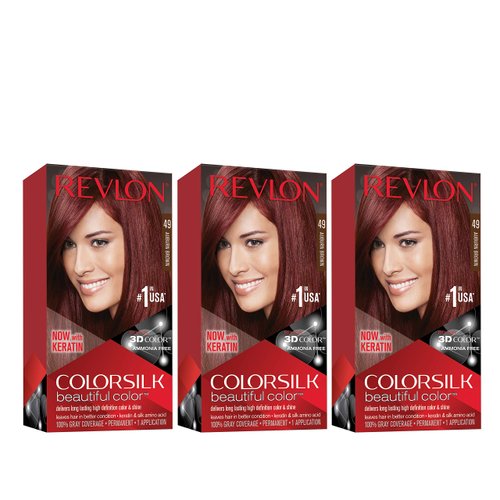 Revlon Permanent Hair Color, Permanent Hair Dye, Colorsilk with 100% Gray Coverage, Ammonia-Free, Keratin and Amino Acids, 49 Auburn Brown, 4.4 Oz (Pack of 3)