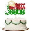 1Pcs Happy Birthday Jesus Cake Topper Glitter Jesus Birthday Cake Pick Merry Christmas Cake Decorations for Nativity Scene Christmas Birthday Party Supplies Red Green