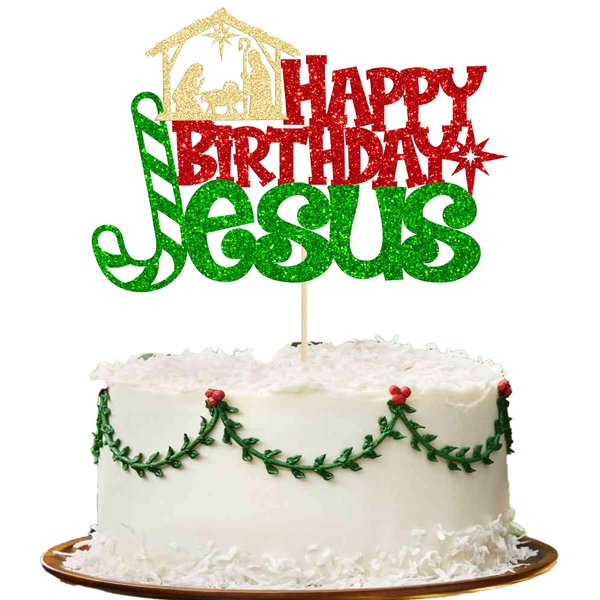 1Pcs Happy Birthday Jesus Cake Topper Glitter Jesus Birthday Cake Pick Merry Christmas Cake Decorations for Nativity Scene Christmas Birthday Party Supplies Red Green