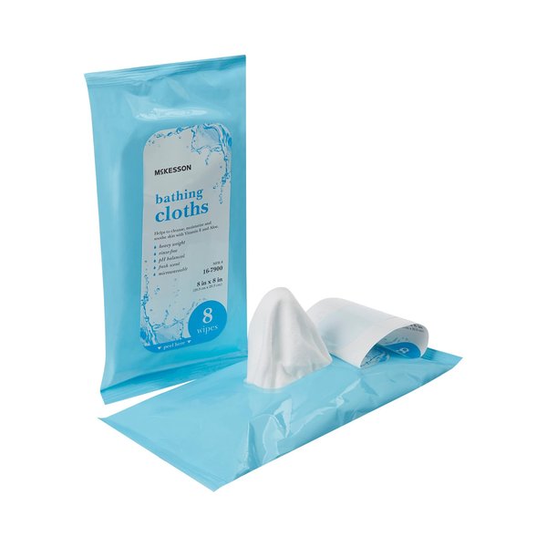 McKesson No Rinse Bathing Cloths, Singe Use Shower Wipes, Fresh Scent, pH Balanced, Purified Water, Aloe, 8 Wipes, 1 Pack