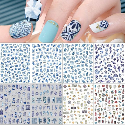 8 Sheets Blue and White Porcelain Nail Art Stickers Decals Self-Adhesive Pegatinas para Uñas Retro Elements Tiger Lion Dragon Flowers Design Manicure Tips Nail Decoration for Women Girls