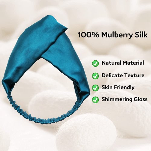 Share Maison Pure Natural Mulberry Silk Headband for Women Fashion Vintage Pure Color Stretchy High-Density 16MM Twisted Head Hair Wrap Accessory Turban for Girls (Blue)