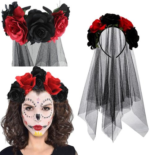 RUSTAMM Halloween Headband Ladies Girls Day Of The Dead Red Rose Flowers Headdress Floral Hair Band Party Cosplay Hair Accessories Costume Women Black Red Rose Flower Crown