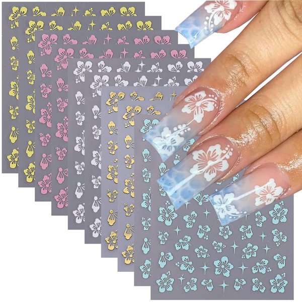 10 Sheets Hibiscus Flower Nail Stickers for Nail Art Petal Floral Nail Art Stickers Decals 3D Self-Adhesive Pegatinas Uñas Pink Blue Gold Silver Nail Design Flowers Sticker DIY Nail Decor for Women